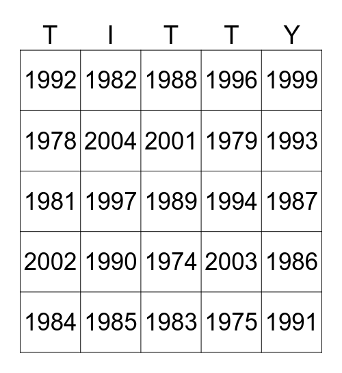 Birth Years Bingo Card
