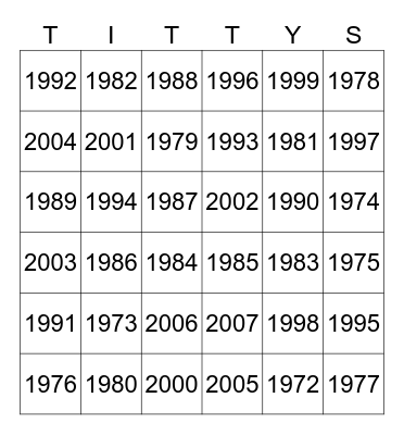 Birth year Bingo Card