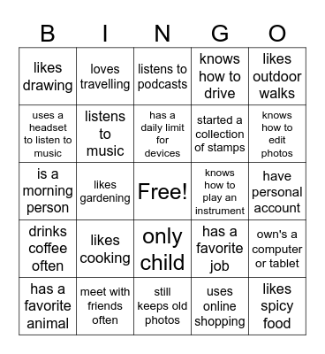 Ice breaker Bingo Card