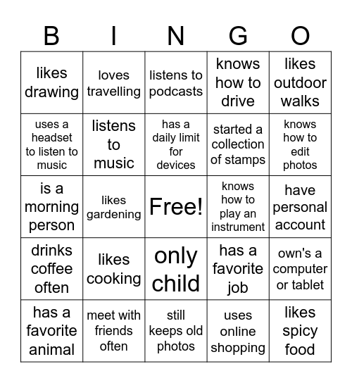 Ice breaker Bingo Card
