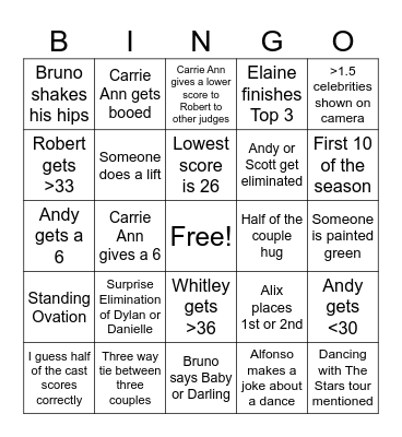 Dancing with The Stars Bingo Card