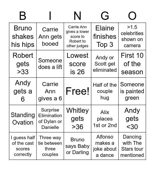 Dancing with The Stars Bingo Card