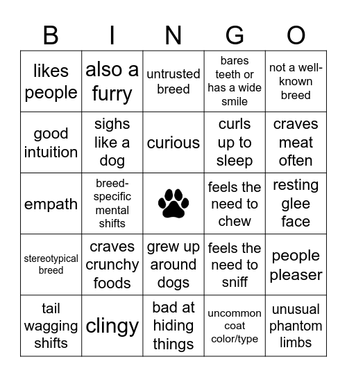 Dog Therian Bingo Card