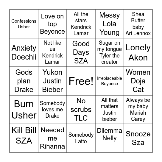 Karaoke Bingo Card