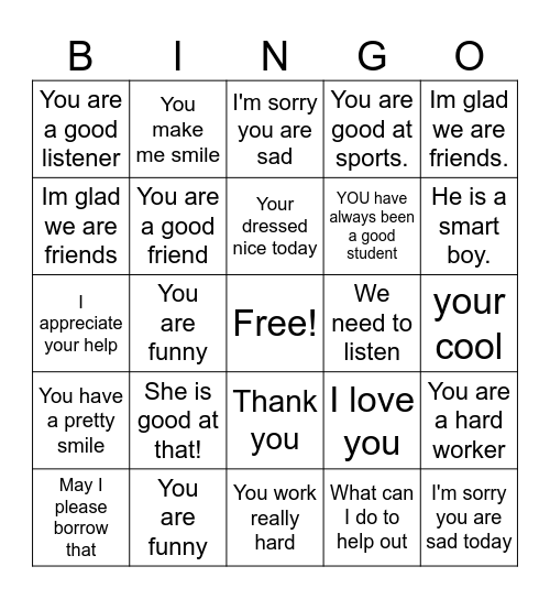 Kind Words Bingo Card