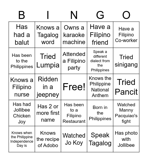 FILIPINO BINGO Card
