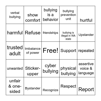FVE Bullying Prevention Bingo 25-26 Bingo Card