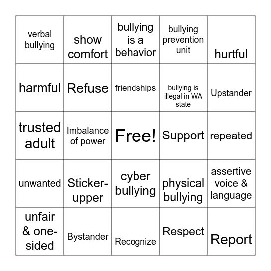 FVE Bullying Prevention Bingo 25-26 Bingo Card