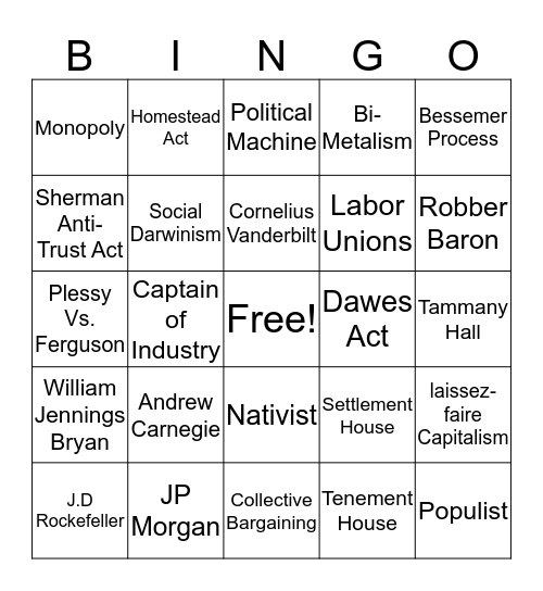 Gilded Age Bingo Card