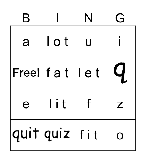 Quiz  Quit    Fat  Fit    Let  Lit  Lot Bingo Card