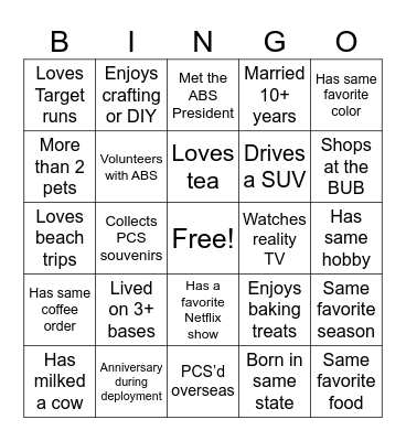 Bragg Spouses Bingo Card