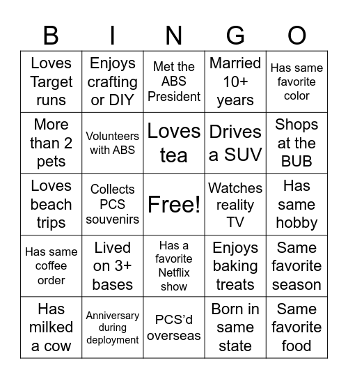 Bragg Spouses Bingo Card