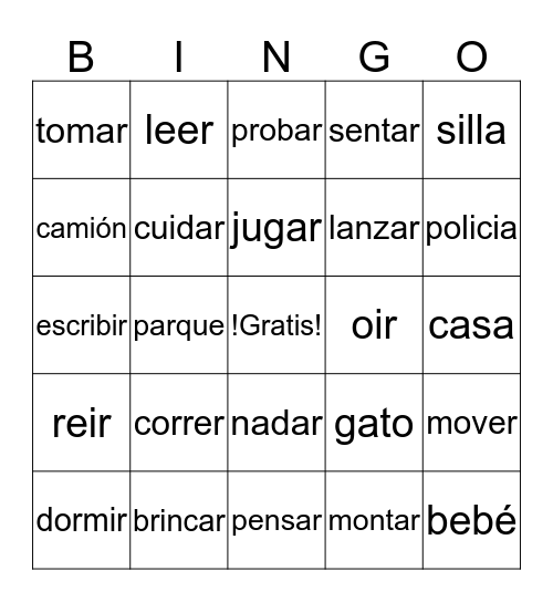 Verbos: palabra que muestra una acción Bingo Card