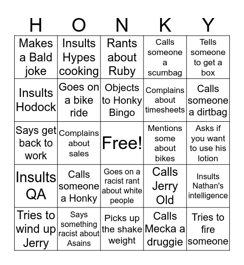 Chief Crazy Talk Bingo Card