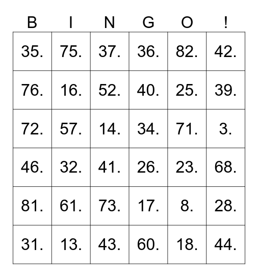 Игра 1 Bingo Card
