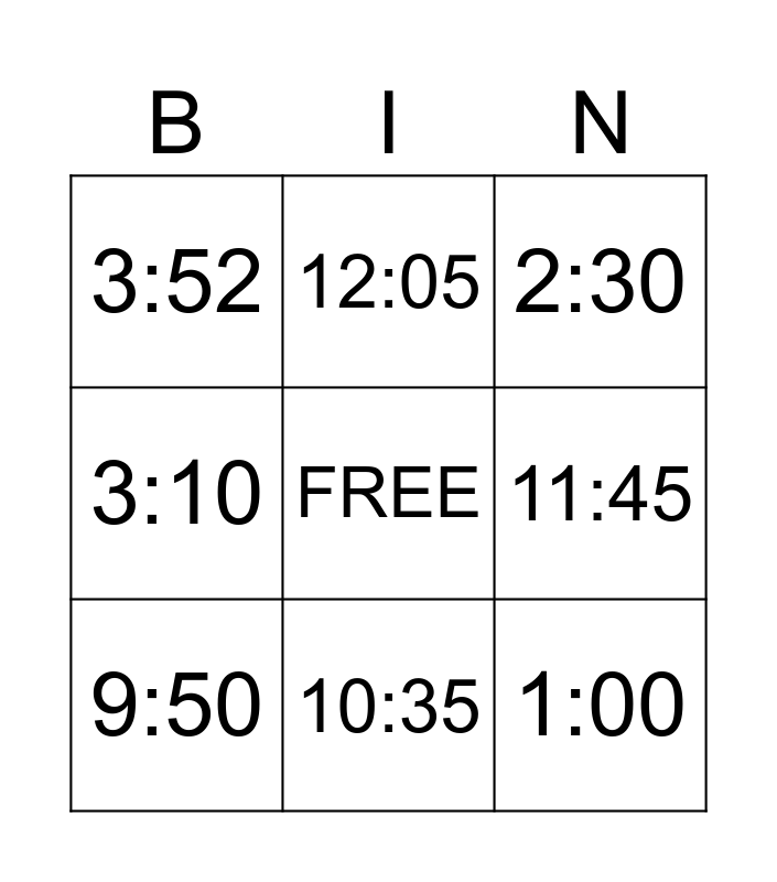 Digital Clock Bingo Card