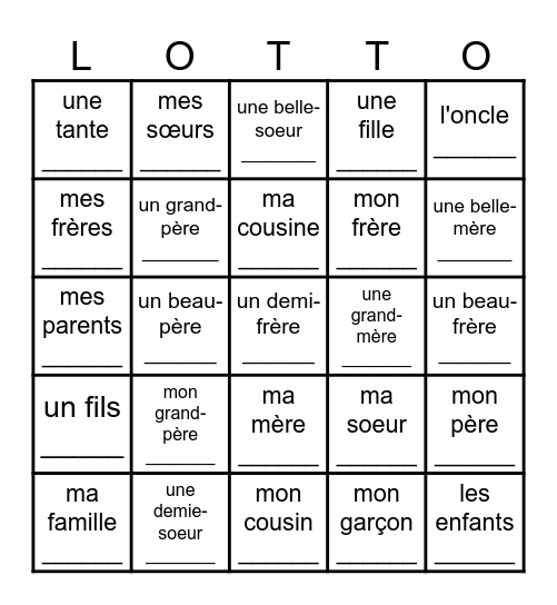 La famille: un test de compréhension Bingo Card
