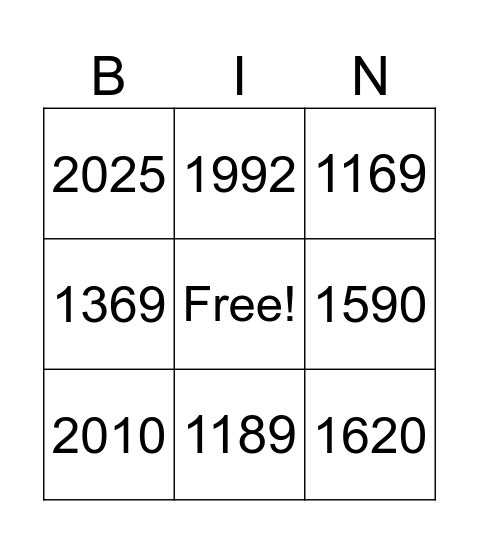 Die Jahreszahlen Bingo Card