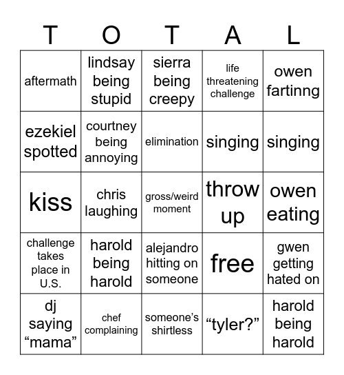 Total Drama World Tour Bingo Card