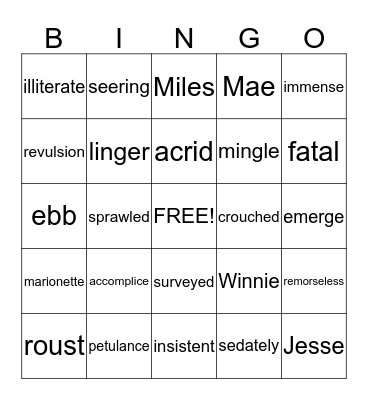 Tuck Vocabulary Bingo Card