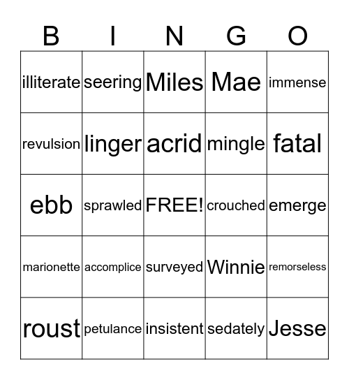 Tuck Vocabulary Bingo Card