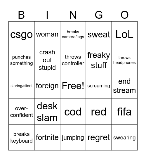 Gamer Rage Bingo Card