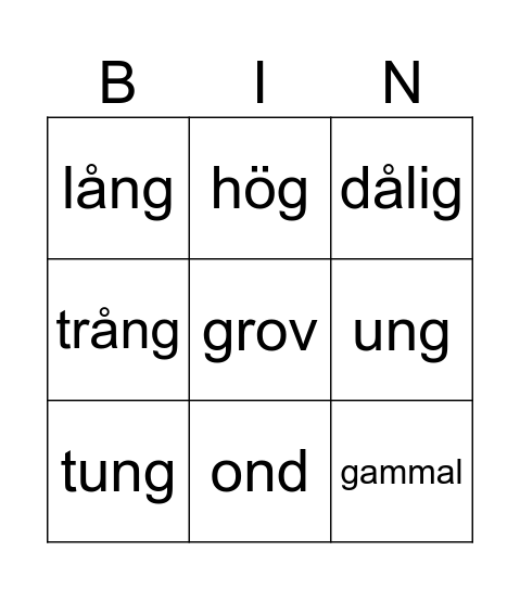Adjektiivien vertailu Bingo Card