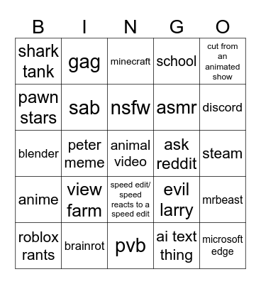 Youtube Shorts (with restarted search and watch history) Bingo Card