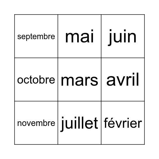 les mois de l'année Bingo Card