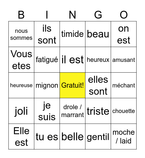 Le Verbe Etre! Bingo Card