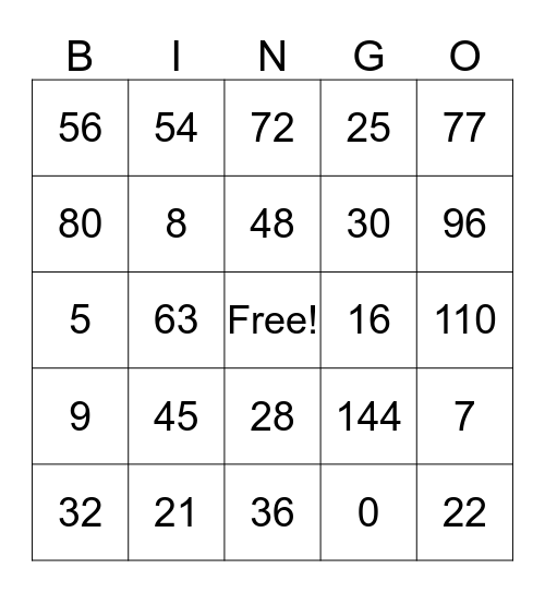 Multiplication  Bingo Card