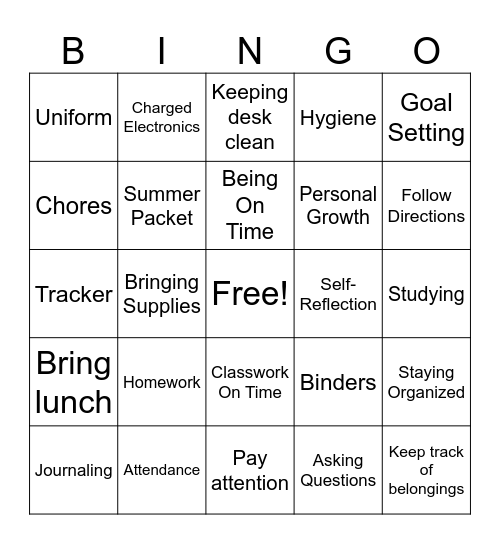 Responsibility Unit Bingo Card