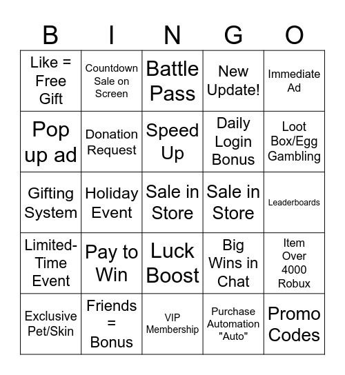 Roblox F2P Bingo Card