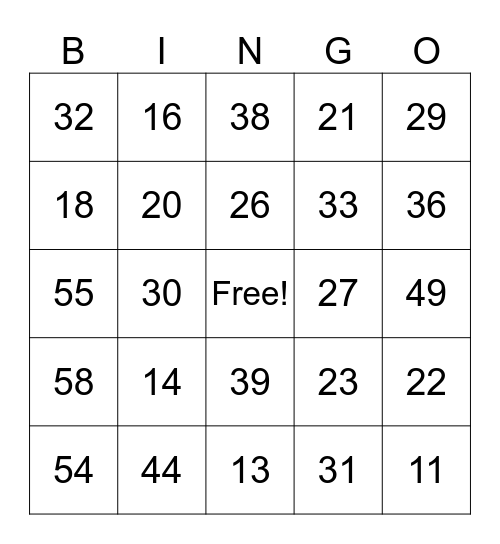 Numbers 10-59 Bingo Card