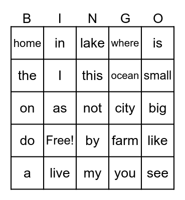 Sight Word Bingo Card