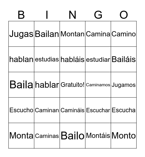 AR Verbs Bingo Card
