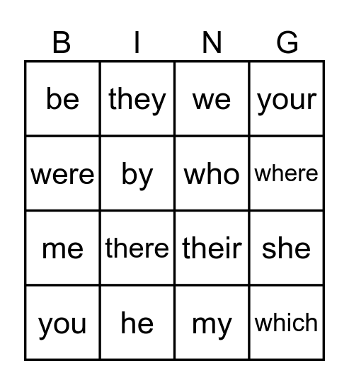 Tricky Words Bingo Card