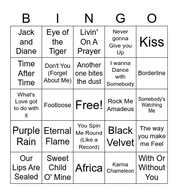 1980s Music Bingo Card