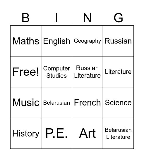 Subjects Bingo Card