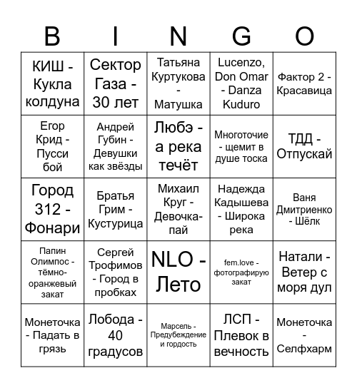 Музыкальное Лото Bingo Card