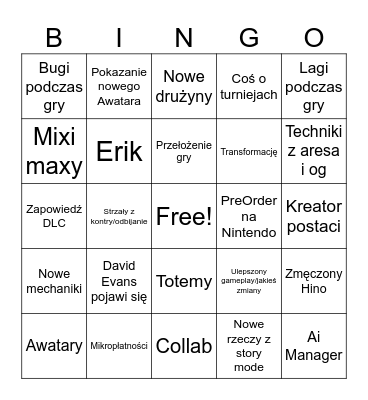 Inazuma DAI Bingo Card