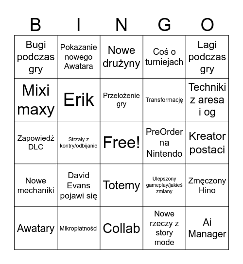 Inazuma DAI Bingo Card