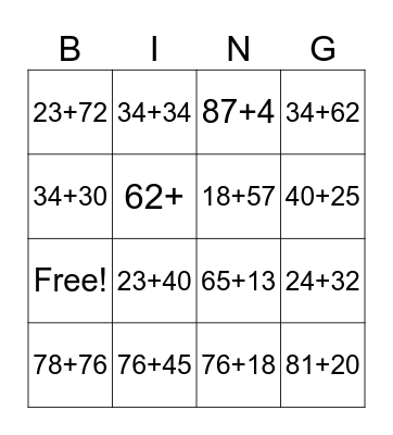 2 digits addition Bingo Card