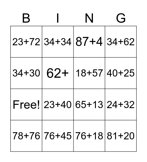 2 digits addition Bingo Card