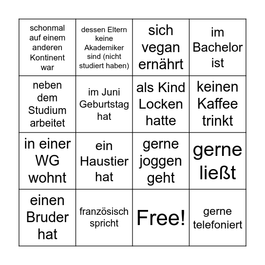 Finde, eine Person, die ... Bingo Card