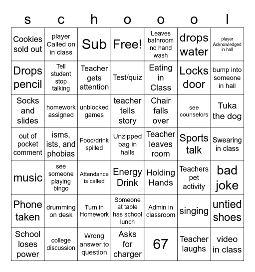 school day bingo Card