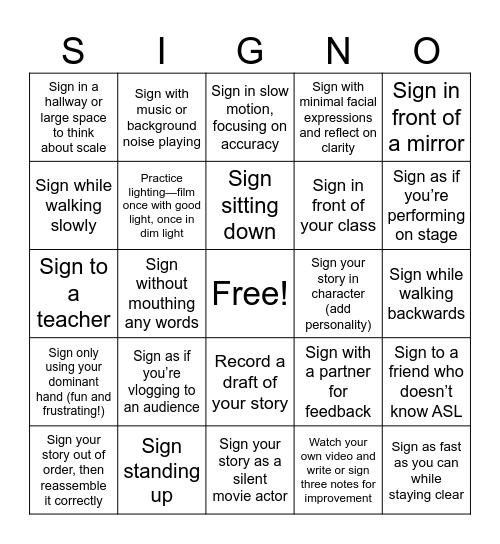 Practicing Signo! Bingo Card
