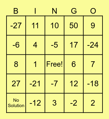 Absolute Value Equations Bingo Card