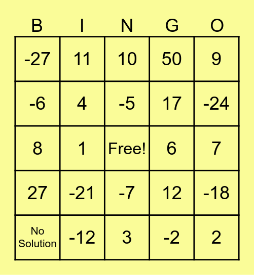 Absolute Value Equations Bingo Card