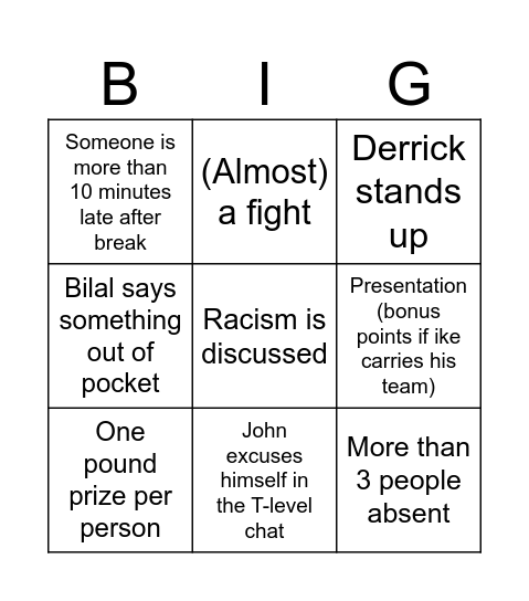 Biggy B Bingo Card
